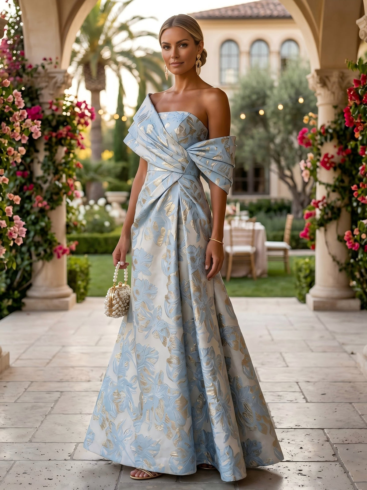 Jacquard A-Line Asymmetric Neck Floral Formal Dresses