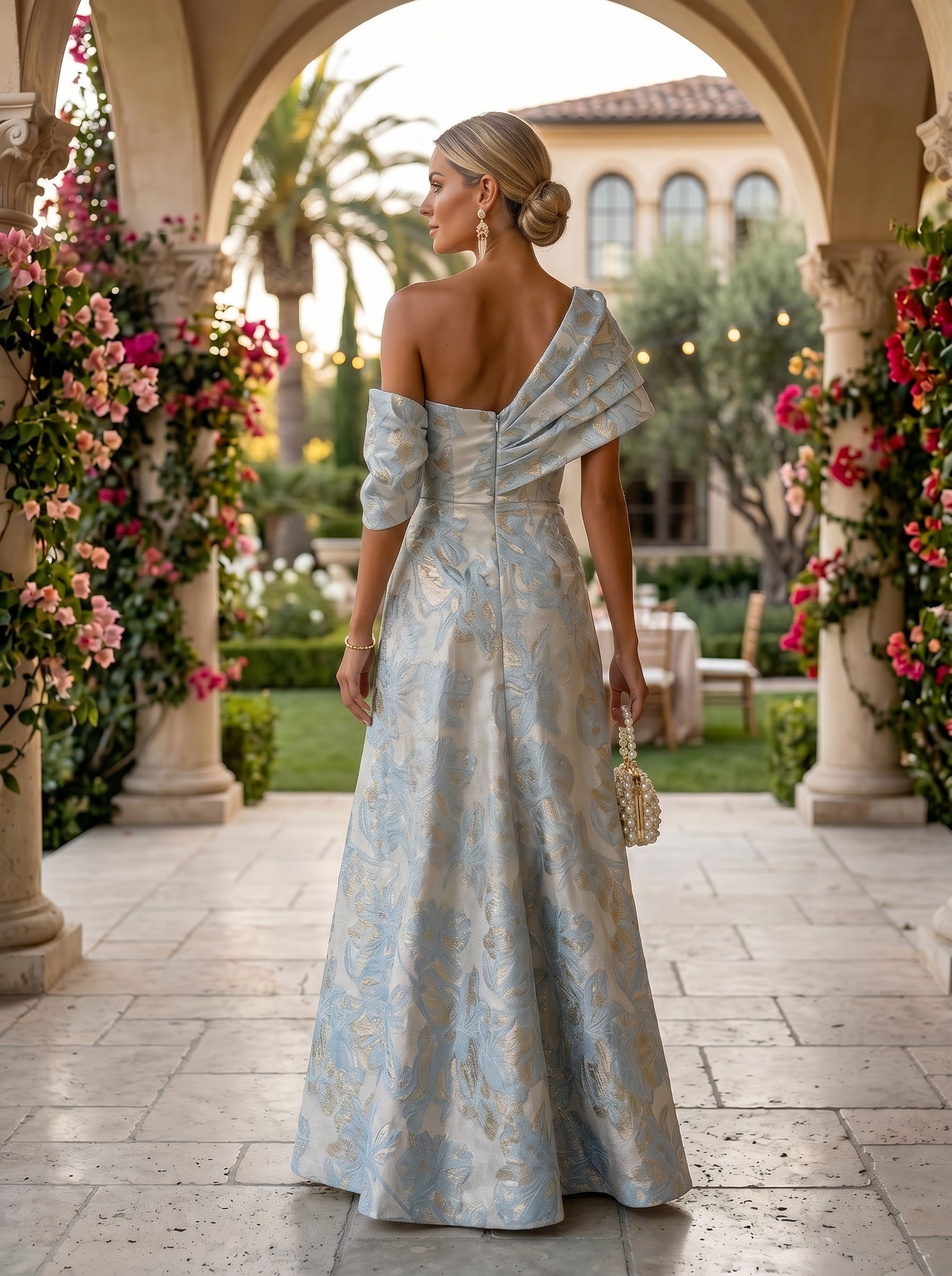 Jacquard A-Line Asymmetric Neck Floral Formal Dresses – Gracins