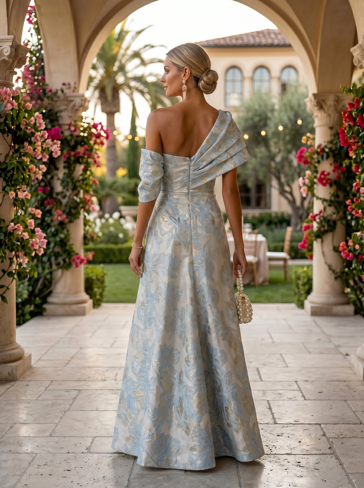 Jacquard A-Line Asymmetric Neck Floral Formal Dresses