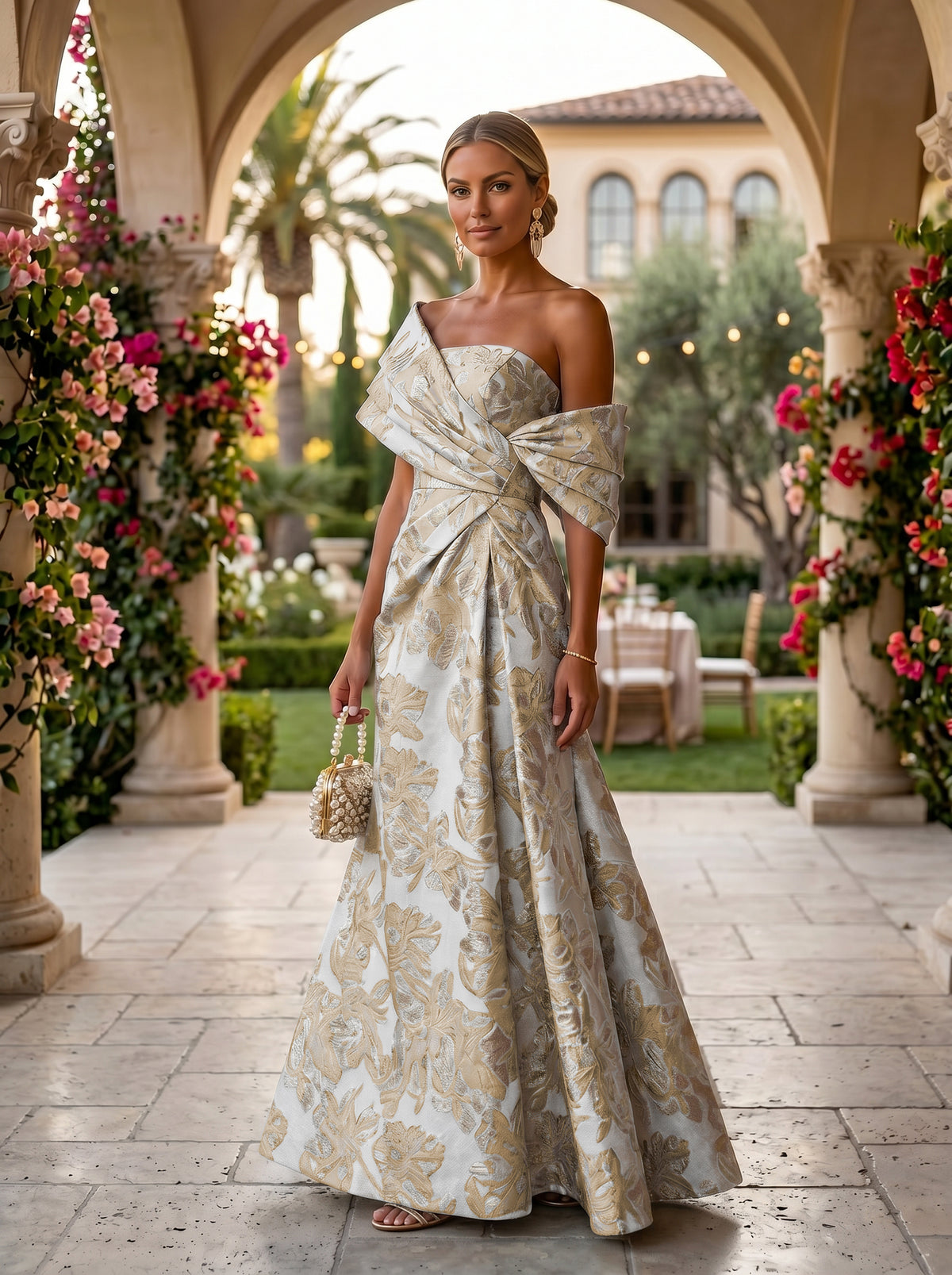 Jacquard A-Line Asymmetric Neck Floral Formal Dresses