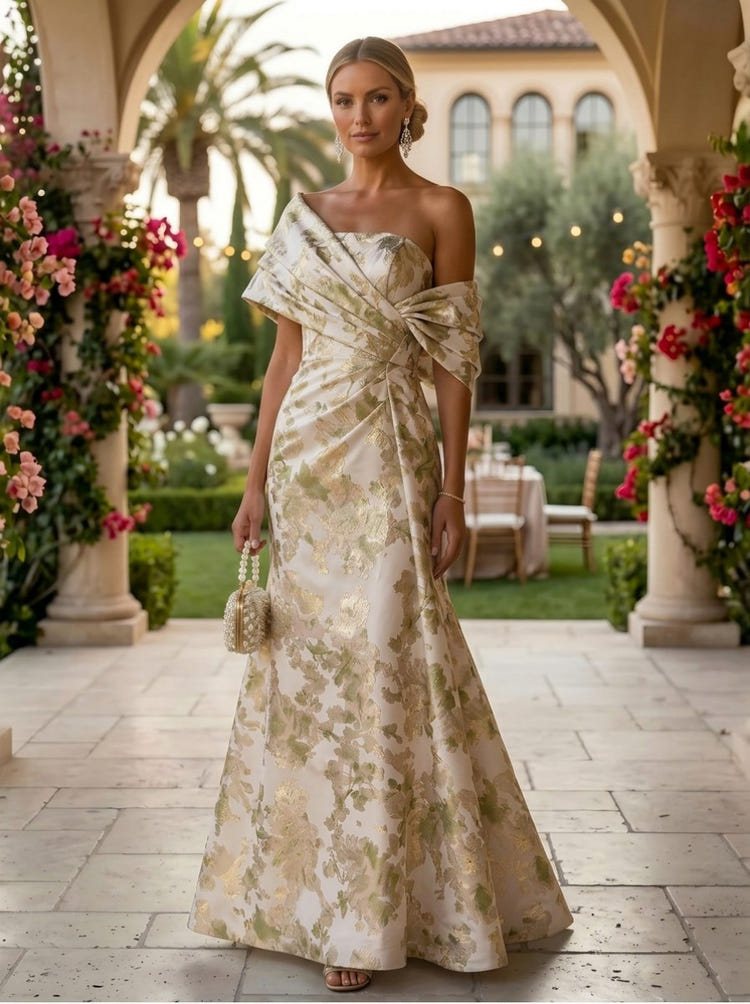 Jacquard A-Line Asymmetric Neck Floral Formal Dresses