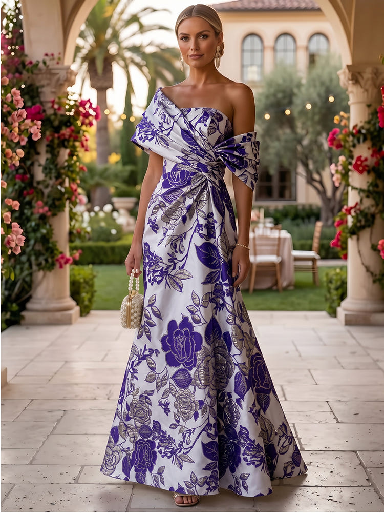 Jacquard A-Line Asymmetric Neck Floral Formal Dresses