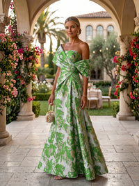 Jacquard A-Line Asymmetric Neck Floral Formal Dresses