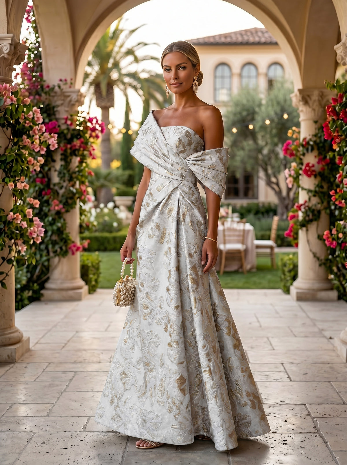 Jacquard A-Line Asymmetric Neck Floral Formal Dresses