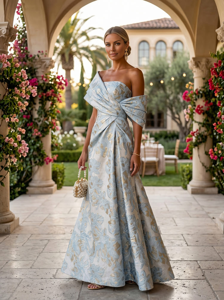 Jacquard A-Line Asymmetric Neck Floral Formal Dresses