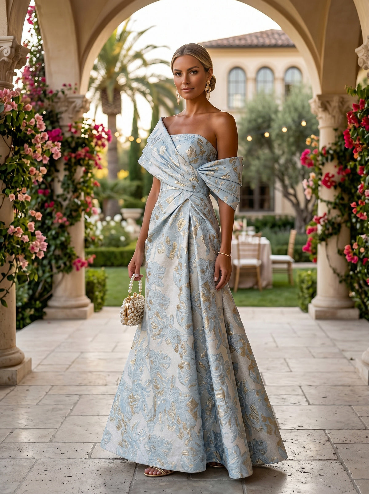 Jacquard A-Line Asymmetric Neck Floral Formal Dresses