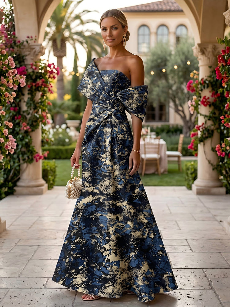 Jacquard A-Line Asymmetric Neck Floral Formal Dresses