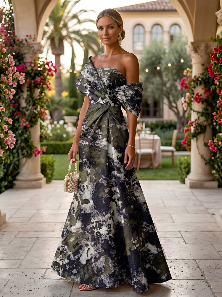 Jacquard A-Line Asymmetric Neck Floral Formal Dresses