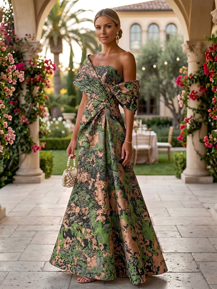 Jacquard A-Line Asymmetric Neck Floral Formal Dresses