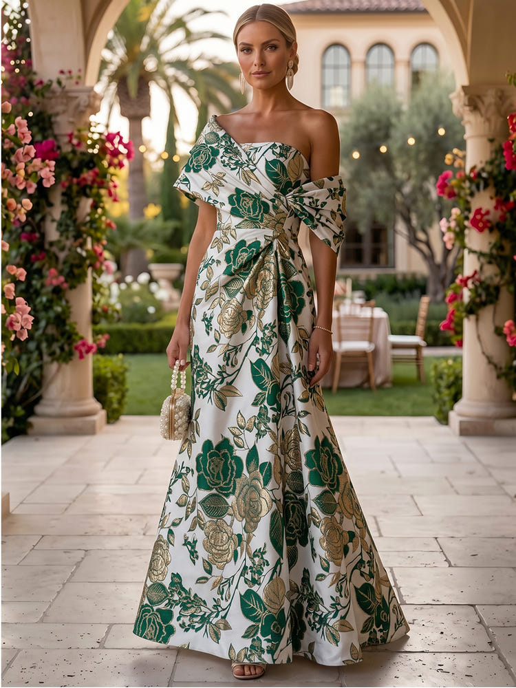 Jacquard A-Line Asymmetric Neck Floral Formal Dresses