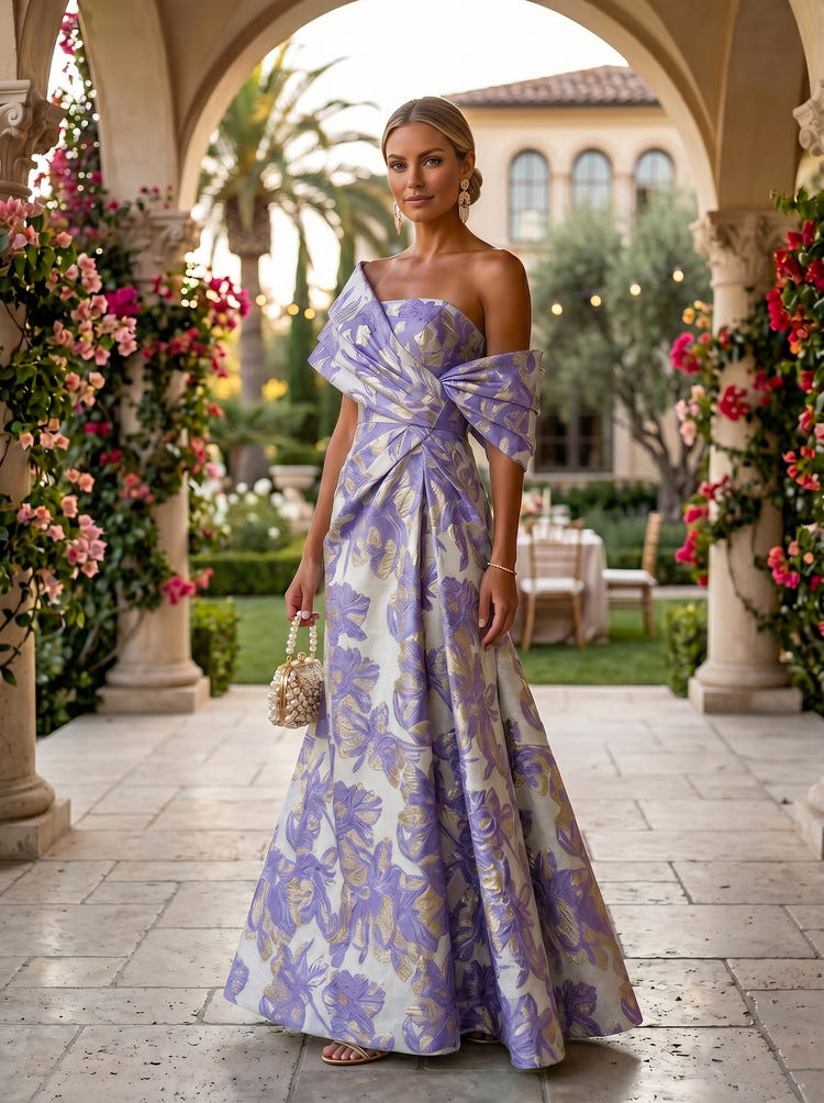Jacquard A-Line Asymmetric Neck Floral Formal Dresses