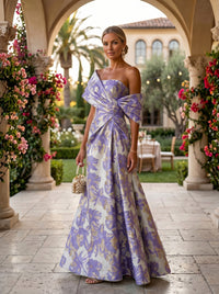 Jacquard A-Line Asymmetric Neck Floral Formal Dresses
