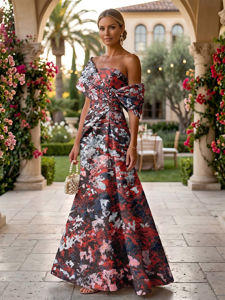 Jacquard A-Line Asymmetric Neck Floral Formal Dresses