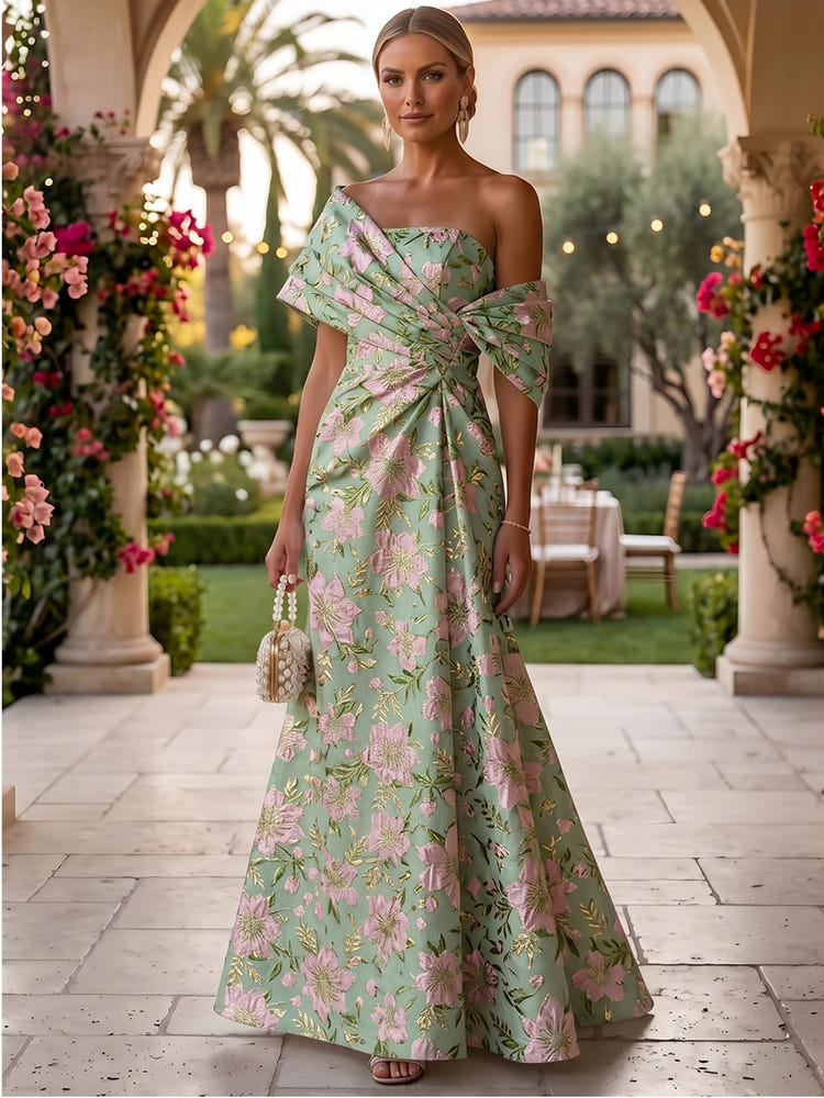 Jacquard A-Line Asymmetric Neck Floral Formal Dresses