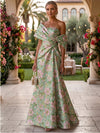 Jacquard A-Line Asymmetric Neck Floral Formal Dresses