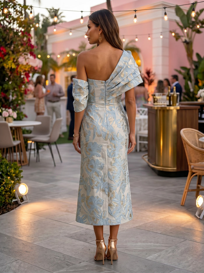 Jacquard Ankle Length Asymmetric Neck Floral Formal Dresses