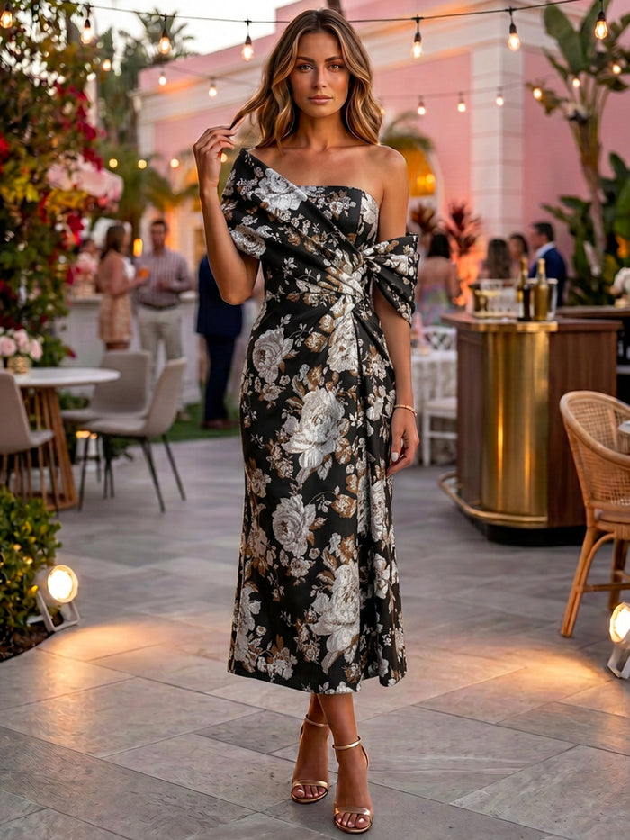 Jacquard Ankle Length Asymmetric Neck Floral Formal Dresses