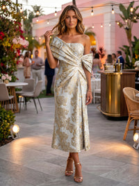 Jacquard Ankle Length Asymmetric Neck Floral Formal Dresses
