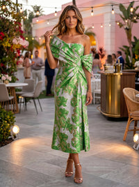 Jacquard Ankle Length Asymmetric Neck Floral Formal Dresses