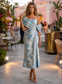 Jacquard Ankle Length Asymmetric Neck Floral Formal Dresses