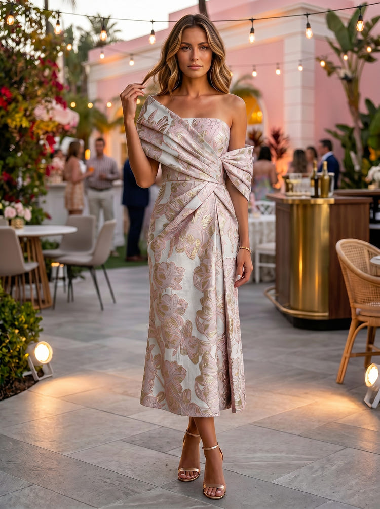 Gracins Light Blue Jacquard Ankle Length Asymmetric Neck Floral Formal Dresses 2026