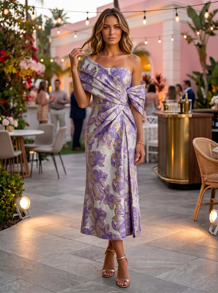 Jacquard Ankle Length Asymmetric Neck Floral Formal Dresses