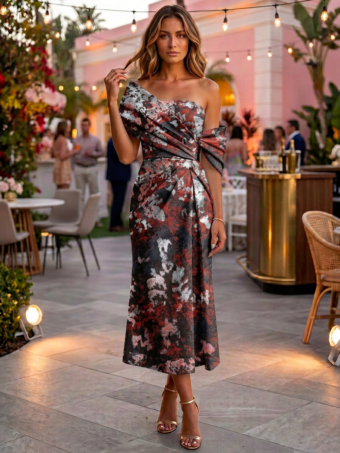 Jacquard Ankle Length Asymmetric Neck Floral Formal Dresses