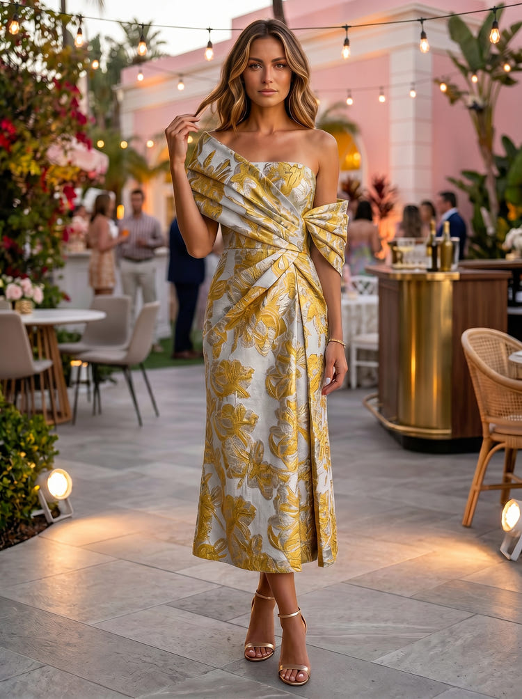 Gracins Light Blue Jacquard Ankle Length Asymmetric Neck Floral Formal Dresses 2026