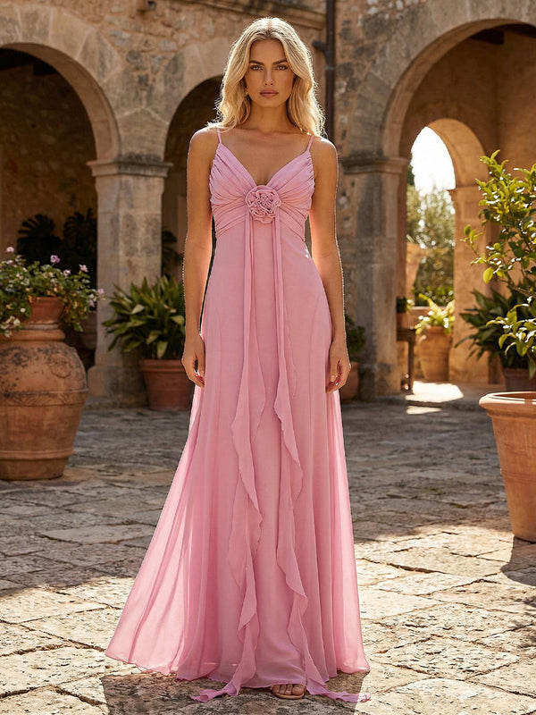 Chiffon A-Line Spaghetti Straps Formal Dresses with 3D Flowers