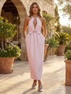 Satin Halter Sheath Hollow Out Formal Dresses with Beads