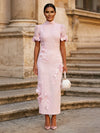 Tea Length Sheath High Neck Formal Dresses with 3D Flowers