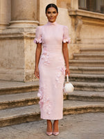 Tea Length Sheath High Neck Formal Dresses with 3D Flowers