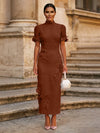 Tea Length Sheath High Neck Formal Dresses with 3D Flowers