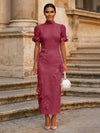 Tea Length Sheath High Neck Formal Dresses with 3D Flowers