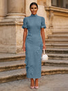 Tea Length Sheath High Neck Formal Dresses with 3D Flowers