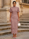 Tea Length Sheath High Neck Formal Dresses with 3D Flowers