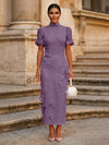 Tea Length Sheath High Neck Formal Dresses with 3D Flowers