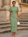 Tea Length Sheath High Neck Formal Dresses with 3D Flowers