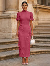 Tea Length Sheath High Neck Formal Dresses with 3D Flowers