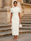 Tea Length Sheath High Neck Formal Dresses with 3D Flowers