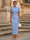 Tea Length Sheath High Neck Formal Dresses with 3D Flowers