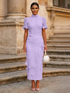 Tea Length Sheath High Neck Formal Dresses with 3D Flowers