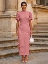 Tea Length Sheath High Neck Formal Dresses with 3D Flowers