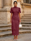 Tea Length Sheath High Neck Formal Dresses with 3D Flowers