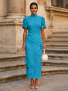 Tea Length Sheath High Neck Formal Dresses with 3D Flowers
