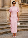 Tea Length Sheath High Neck Formal Dresses with 3D Flowers