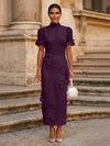 Tea Length Sheath High Neck Formal Dresses with 3D Flowers