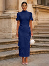 Tea Length Sheath High Neck Formal Dresses with 3D Flowers