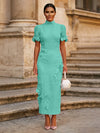 Tea Length Sheath High Neck Formal Dresses with 3D Flowers