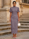 Tea Length Sheath High Neck Formal Dresses with 3D Flowers